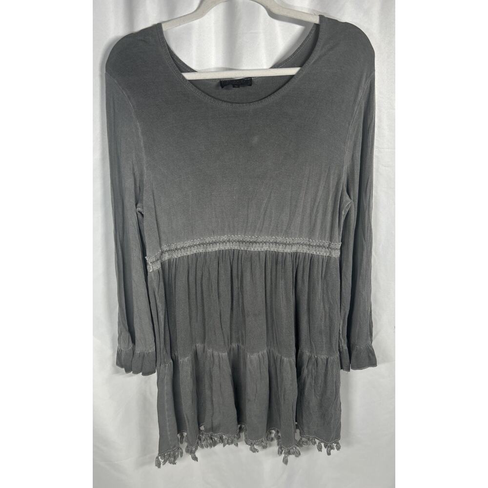 POL Gray Boho Tunic Blouse Midi Dress Size Medium Long Sleeve Tassels ELD162